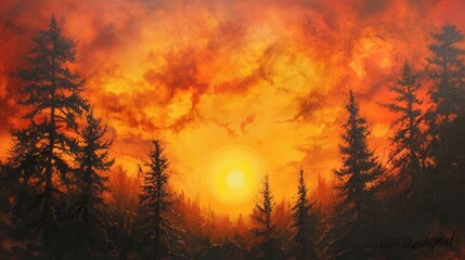 Obraz premium A breathtaking sunset over the trees, painting the sky orange