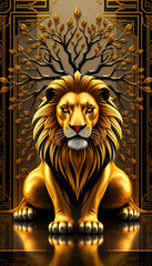 Fototapeta premium Majestic Art Deco Lion with Tree – High-Definition Luxurious Design, No 129