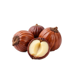"A close-up of three chestnuts with one cut in half, revealing the creamy white interior. ".