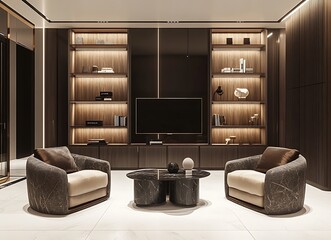 A modern living room interior with wooden walls, two armchairs, and a coffee table near an empty wall mockup featuring bookshelves and a large TV set against a white tile floor