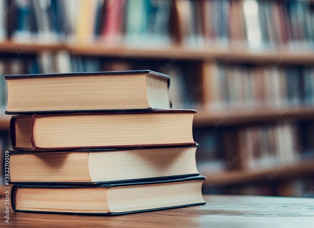Poster stack of books on wooden table in library setting for education