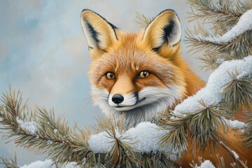 Fototapeta premium A red fox peeks from behind snow-covered pine branches in a winter scene.