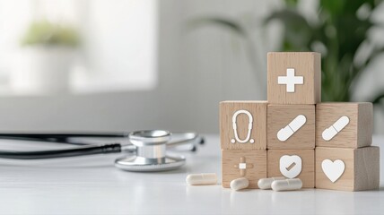 Healthcare concept with stethoscope and medical icons on wooden cubes, symbolizing medical care and treatment.