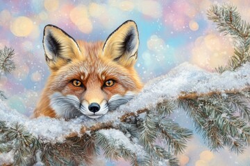 Obraz premium A red fox, eyes gleaming, peeks from behind a snow-covered pine branch in a winter wonderland.