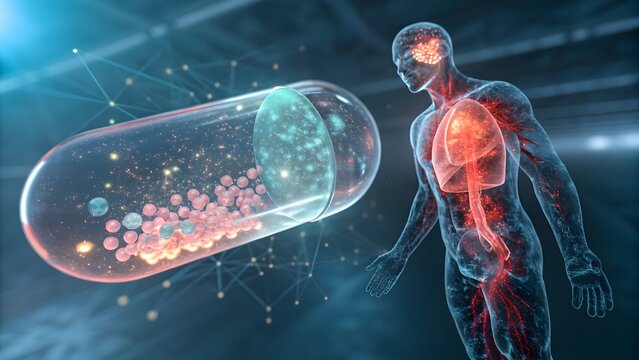 A Futuristic 3D Visualization of a Dissolving Capsule, Releasing Glowing Particles Inside the Human Body emphasizing fast absorption and targeted health benefits.