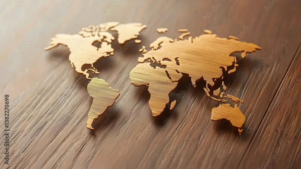 Poster a golden map of the world is displayed on a wooden surface, highlighting continents with intricate t