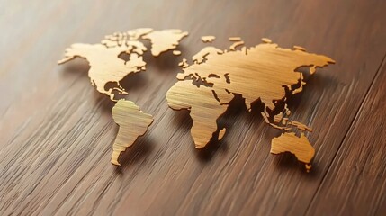 A golden map of the world is displayed on a wooden surface, highlighting continents with intricate textures and design, reflecting elegance and global connection.