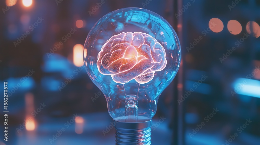 Poster light bulb with a brain design symbolizes creativity and innovation in a modern setting