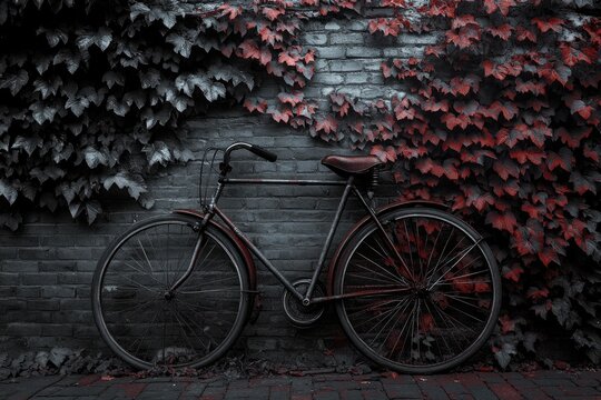 Rustic bicycle leans against a brick wall covered in dark, red-tinged ivy.