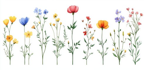 Charming collection of small wild flowers in pastel colors on a crisp white background featuring delicate watercolor vector graphics
