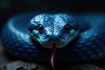 Fototapeta premium Blue viper snake face in dark background with sharp eyes and forked tongue out, wildlife, blue viper, closeup