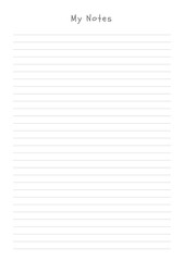 MY NOTES blank sheet of paper with straight parallel lines on white isolated background. Vector illustration.