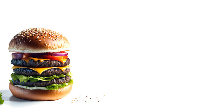 Triple Decker Cheeseburger with Copy Space &ndash; High-Resolution Food Photo &ndash; Mouthwatering triple cheeseburger with fresh ingredients on a white background, perfect for ads, menus, and branding.