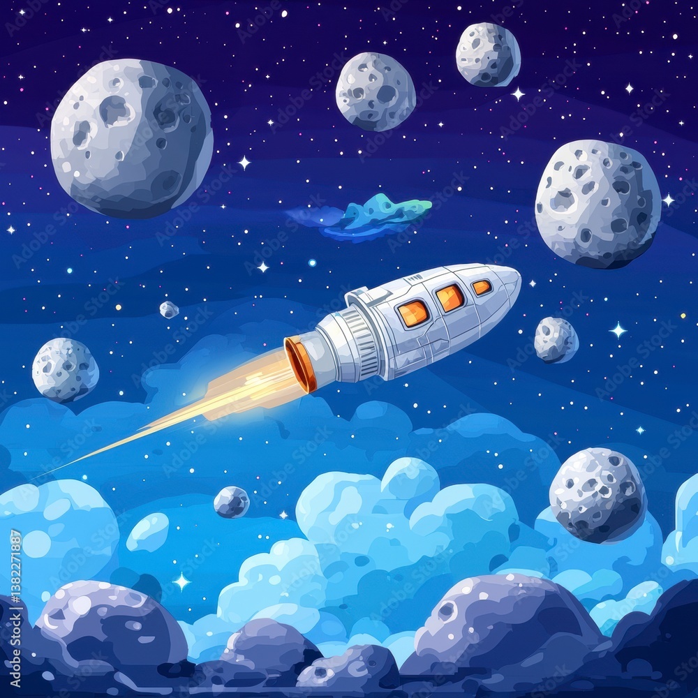 Poster rocket launch amid asteroids outer space digital art cosmic environment dynamic viewpoint exploratio