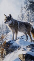 Obraz premium Majestic Wolf in a Winter Wonderland: A Breathtaking Digital Artwork