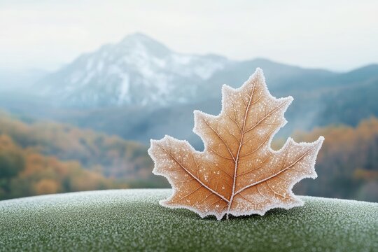A frost-covered autumn leaf rests on a frosty surface, with a snowy mountain range in the background.