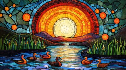 Embodying serenity: a traditional Aboriginal dot painting of ducks at sunset by the river