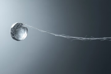 A metallic sphere hangs delicately from a spiderweb against a muted grey backdrop.