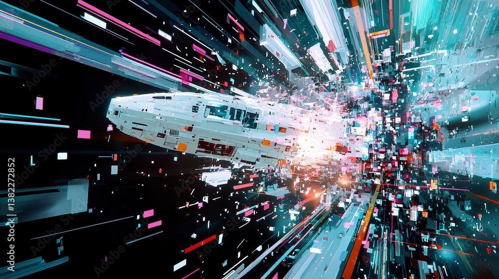 Poster futuristic spacecraft traveling at hyperspeed digital universe 3d animation sci-fi environment dynam