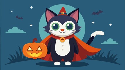 Cartoon cat in halloween costume holding pumpkin against a moonlit night background with bats and stars