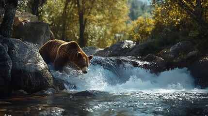 Majestic Brown Bear by the Waterfall in the Forest