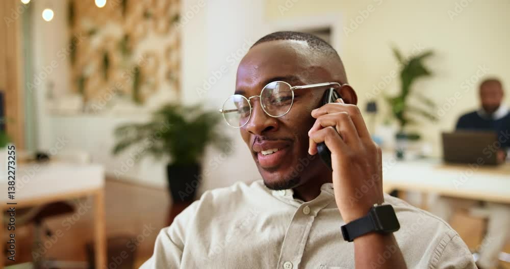 Poster phone call, creative and man in business, conversation and planning for project with contact or web 