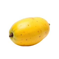 A single ripe yellow mango with small brown spots and a small stem.
