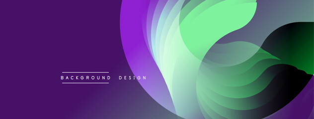 Abstract design. Overlapping layers create flowing shapes. Purple, green hues dominate. Modern aesthetic. Minimalist composition. Smooth gradients. Dynamic movement.