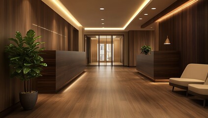 Fototapeta premium Modern Hotel Lobby Interior with Dark Wood and Warm Lighting