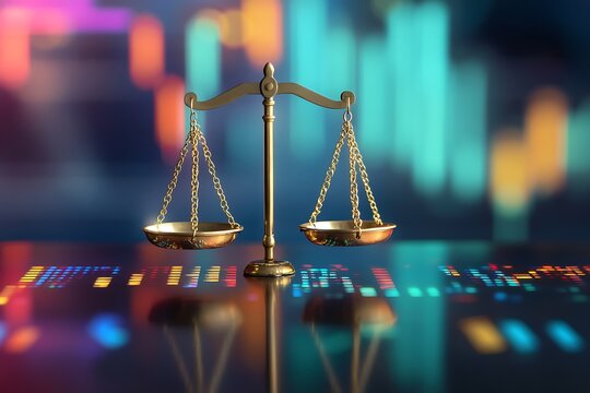 An abstract scale with floating economy symbols