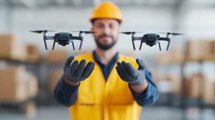 Innovative drone logistics and supply solutions warehouse operations action-focused content indoor environment aerial viewpoint future of delivery