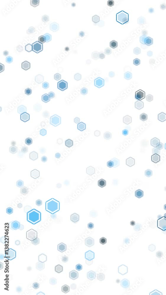 Poster abstract loop hexagon flying shapes on white vertical background.