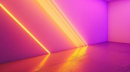 A vibrant, minimalist space illuminated by diagonal neon lights in purple and orange hues.