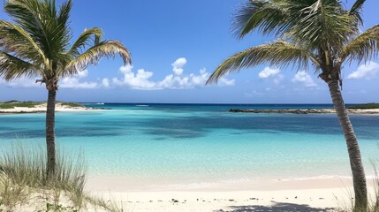 Idyllic Tropical Beach Scene with Turquoise Waters and Palm Trees on a Sunny Day