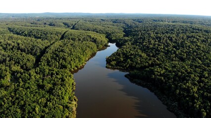 Nature on the Amur River in Russia. Aerial perspective revealing winding river threading verdant...