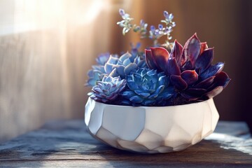 A stunning arrangement of blue and purple succulents in a geometric white pot, bathed in sunlight.