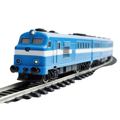 Fototapeta premium a blue and white train on tracks isolated on transparent background