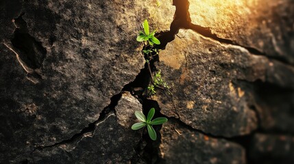In a barren landscape, small green plants break through cracked earth, symbolizing resilience, hope, and the indomitable will of nature to flourish against adversity.
