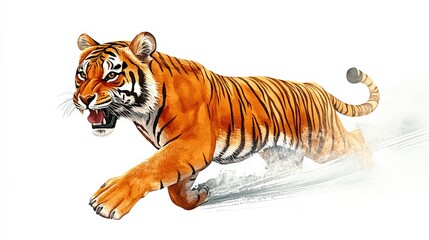 An illustrated tiger bursts into action, showcasing its vibrant colors and fierce expression, representing strength, agility, and the wild beauty of nature in a dynamic manner.