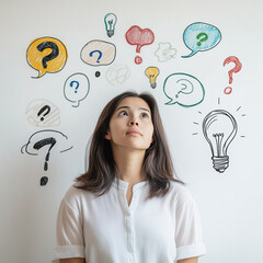 A woman in a white shirt looks up thoughtfully, surrounded by colorful speech bubbles, a lightbulb, and a question mark on a white background. Concept of ideas