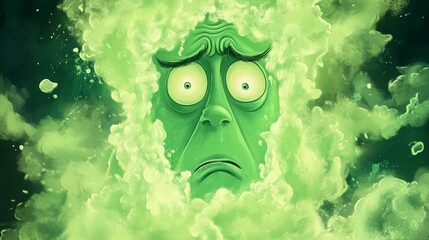 viral meme style picture of a cartoon character surrounded a huge plume of green gas. they are making a disgusted face 