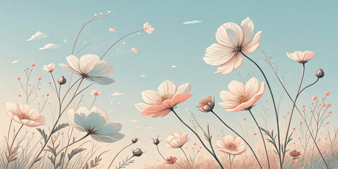 pale colours, flowers on the clear sky background