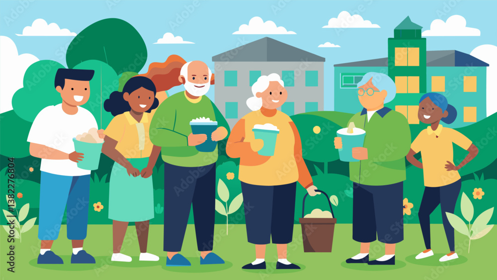 Poster a group of seniors gathered in the school courtyard organizing a community cleanup event for their c