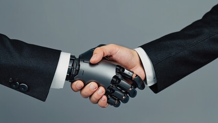 Handshake of Innovation: A human and a robotic hand in a firm handshake, set against a sleek backdrop, embodies the future of collaboration and technological advancement.