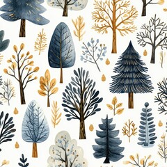 Charming seamless pattern featuring cute trees with pastel hues and intricate forest motifs in a delightful forest landscape