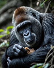 Obraz premium Critically Endangered Mountain Gorilla in Natural Habitat, Intimate Conservation Moment