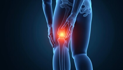 X ray like 3D render of a person holding their painful knee, with pain points visible.