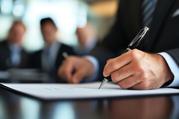Businessman in formal suit signing a legal document on a desk during an important corporate meeting with blurred colleagues in background. Concept of contract, negotiation, leadership and agreement.