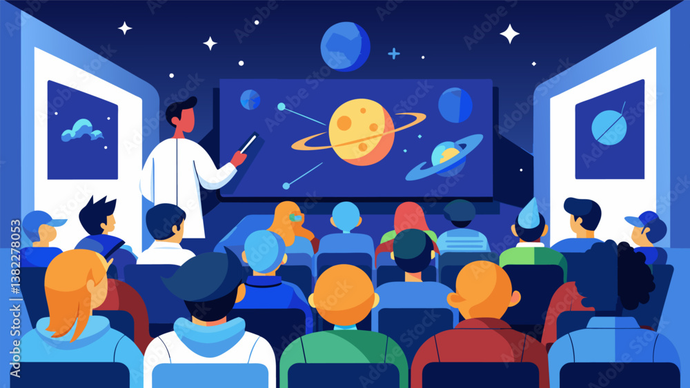 Poster a lecture hall filled with scientists and students attentively listening to a presentation on the la