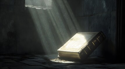 Ancient Book Illuminated by Sunlight in a Dungeon